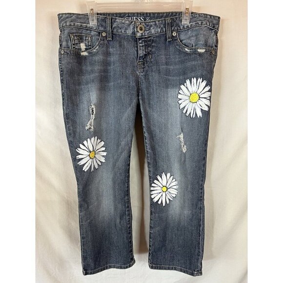 Guess Jeans LA 1981 Hand Painted Daisies 14/32 Distressed Wearable Art Low Rise - Picture 1 of 13